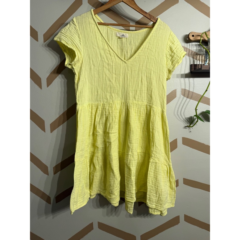 Rip Curl Gauze Mini Dress Womens Small Yellow Tiered V-Neck Short Sleeve GDRFW9